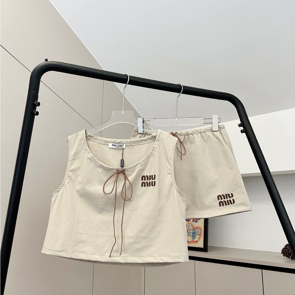 Miu Miu Cream Tank and Shorts Set with Brown Accents